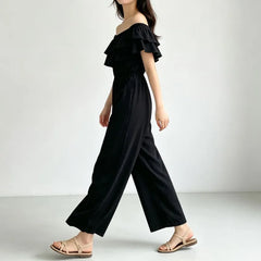 Off-Shoulder Plain Ruffled Wide Leg Jumpsuit