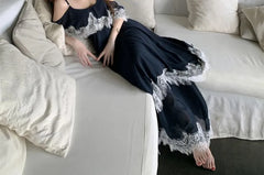 Spaghetti Strap Scoop Neck Lace Trim Maxi A-Line Dress