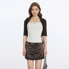 Elbow Sleeve Mock Two Piece Color-Block Polka Dot Slim-Fit Top
