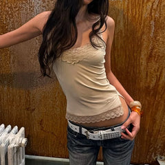 V-Neck Lace Panel Slim Fit Crop Camisole Top