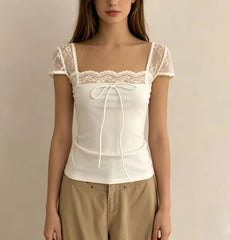 Short Sleeve Square-Neck Lace Panel Tie-Front Slim-Fit Top