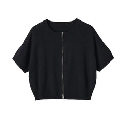 Short-Sleeve Round Neck Plain Zip Cardigan