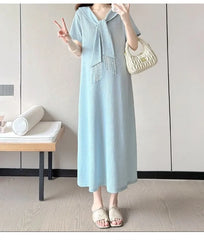 Maternity Short-Sleeve Sailor Collar Plain Fringed Midi A-Line Dress