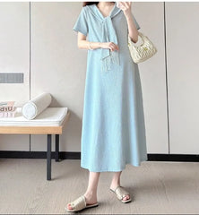 Maternity Short-Sleeve Sailor Collar Plain Fringed Midi A-Line Dress