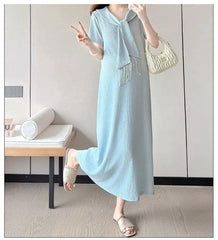 Maternity Short-Sleeve Sailor Collar Plain Fringed Midi A-Line Dress