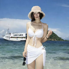 Set: Halter Plain Ruffle Bikini Top + Tie Side Bottom + Cover Up Skirt