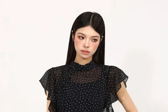 Set: Flutter Sleeve Stand Collar Dotted Chiffon Top + Camisole Top