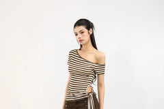 Short Sleeve One Shoulder Striped Cutout Tie-Up Top