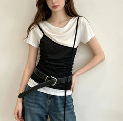 Short Sleeve Mock Two Piece Cowl Neck Color-Block Slim-Fit Top