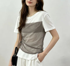 Short Sleeve Mock Two Piece Mesh Panel Side Drawstring Slim-Fit Top