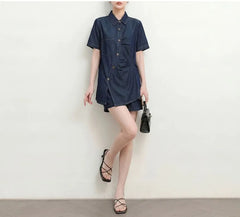 Set: Short-Sleeve Collared Asymmetrical Contrast Stitched Ruched Button-Up Blouse + High Waist Wide Leg Shorts