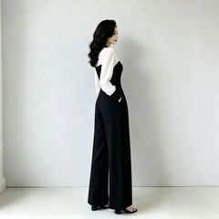 Long-Sleeve Crew Neck Two Tone Jumpsuit