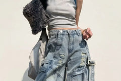 Mid Waist Washed Cargo Baggy Jeans