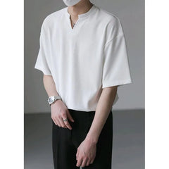 Elbow-Sleeve Notch Neck Plain Ribbed T-Shirt