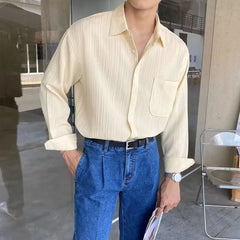 Long-Sleeve Plain Ribbed Pocket Front Shirt