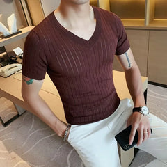 Short-Sleeve V-Neck Plain Pointelle T-Shirt