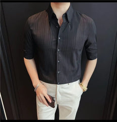 Elbow-Sleeve Button-Up Plain Shirt