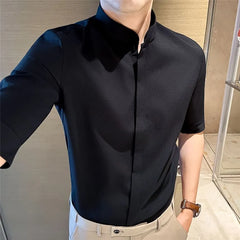 Elbow-Sleeve Stand Collar Button-Up Plain Waffle Shirt