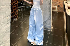 Off Shoulder Floral Accent Striped Crop Top / Mid Rise Plain Loose Fit Wide Leg Pants
