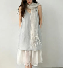 Sleeveless V-Neck Plain Mesh Panel Loose-Fit Maxi Dress