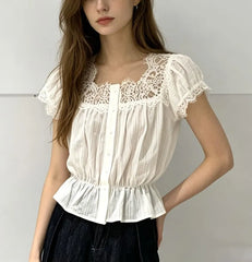 Puff Sleeve Square-Neck Lace Panel Plain Slim-Fit Blouse
