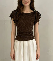 Cap Sleeve Boat Neck Plain Lace Slim-Fit Top
