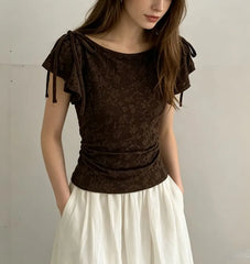 Cap Sleeve Boat Neck Plain Lace Slim-Fit Top