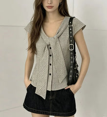 Cap Sleeve V-Neck Tie-Front Gingham Slim-Fit Shirt