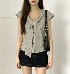 Cap Sleeve V-Neck Tie-Front Gingham Slim-Fit Shirt