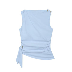 Sleeveless Plain Ruched Asymmetrical Blouse