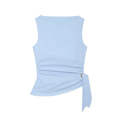 Sleeveless Plain Ruched Asymmetrical Blouse