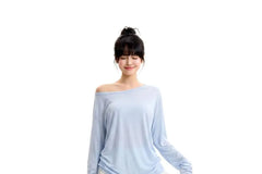 Long-Sleeve Off-Shoulder Plain Sheer T-Shirt