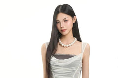 Mock Two-Piece Cowl Neck Two Tone Lace Trim Ruched Mesh Crop Tank Top