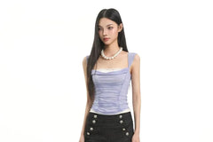 Mock Two-Piece Cowl Neck Two Tone Lace Trim Ruched Mesh Crop Tank Top