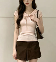 Cap Sleeve V-Neck Collared Ribbon Slim-Fit Top