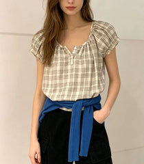 Puff Sleeve Scoop Neck Plaid Loose-Fit Blouse