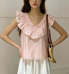 V-Neck Ruffled-Trim Plain Sheer Loose-Fit Tank Top