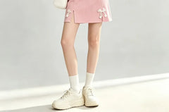 V-Neck Plain Pom Pom Cropped Blouse / Spaghetti Strap Bow Front Slit Mini A-Line Dress