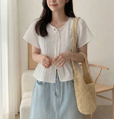 Short-Sleeve Plain Bow Blouse