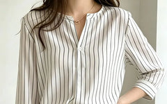 Elbow-Sleeve Striped Blouse