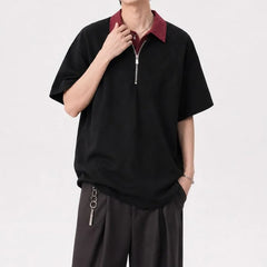 Short-Sleeve Contrast Collar Half-Zip Polo Shirt