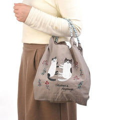 Cat Water Repellent Embroidery Tote Bag M Size Brown