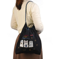 Cat Water Repellent Embroidery Tote Bag M Size Black