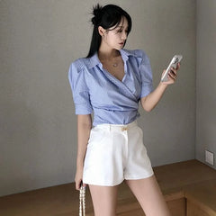 Puff-Sleeve V-Neck Striped Shirt