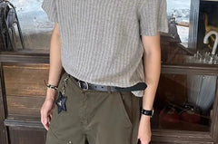Short-Sleeve Contrast Stitching Ribbed Polo Shirt