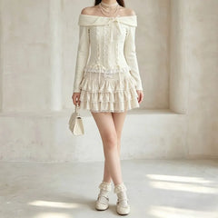 Set: Long Sleeve Off Shoulder Plain Bow Ruffle Lace Up Top + High Waist Tiered Mini A-Line Skirt