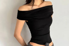 Short-Sleeve Off Shoulder Plain Crop T-Shirt