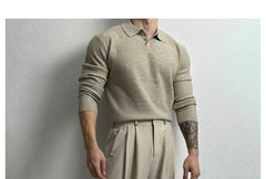 Long-Sleeve Plain Knit Polo Shirt