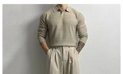 Long-Sleeve Plain Knit Polo Shirt