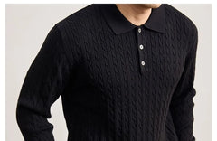 Long-Sleeve Cable Knit Plain Polo Shirt